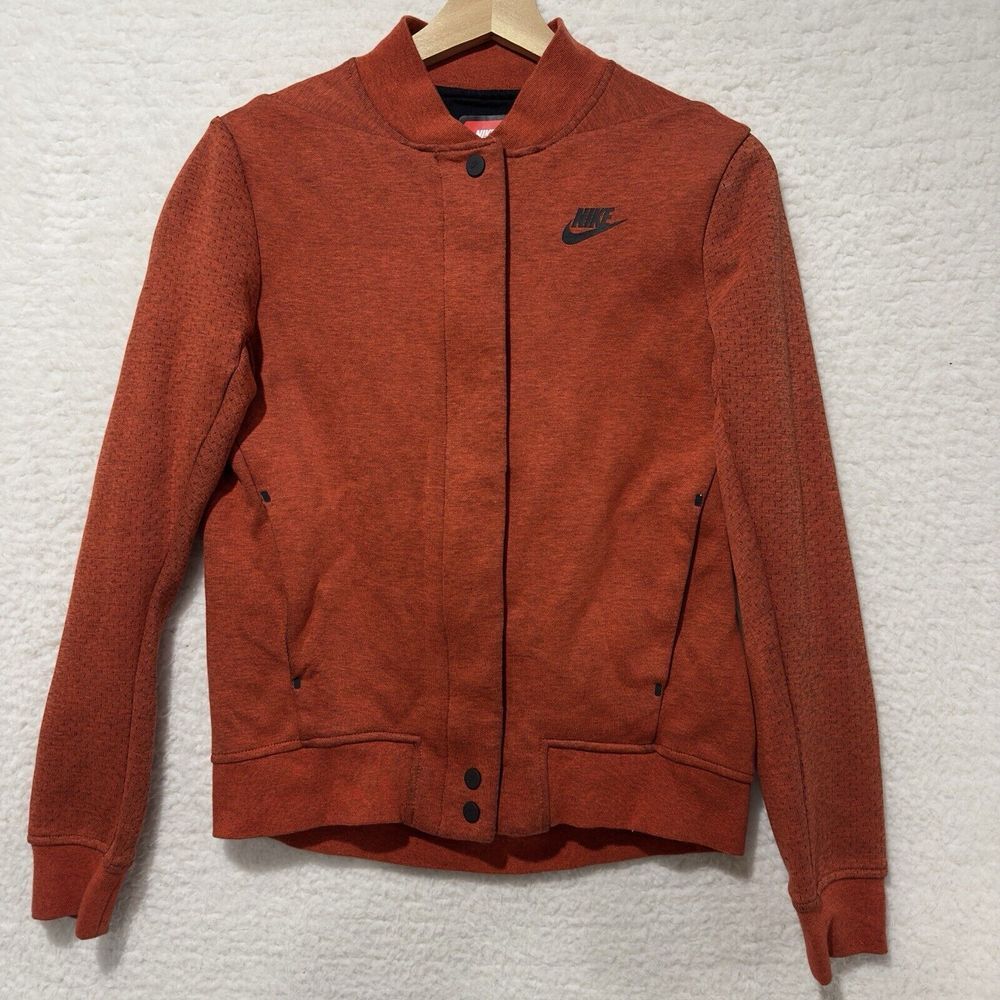 Nike Tech Women's Fleece Heather Orange Black Zip Destroyer Bomber Jacket Sz XS
